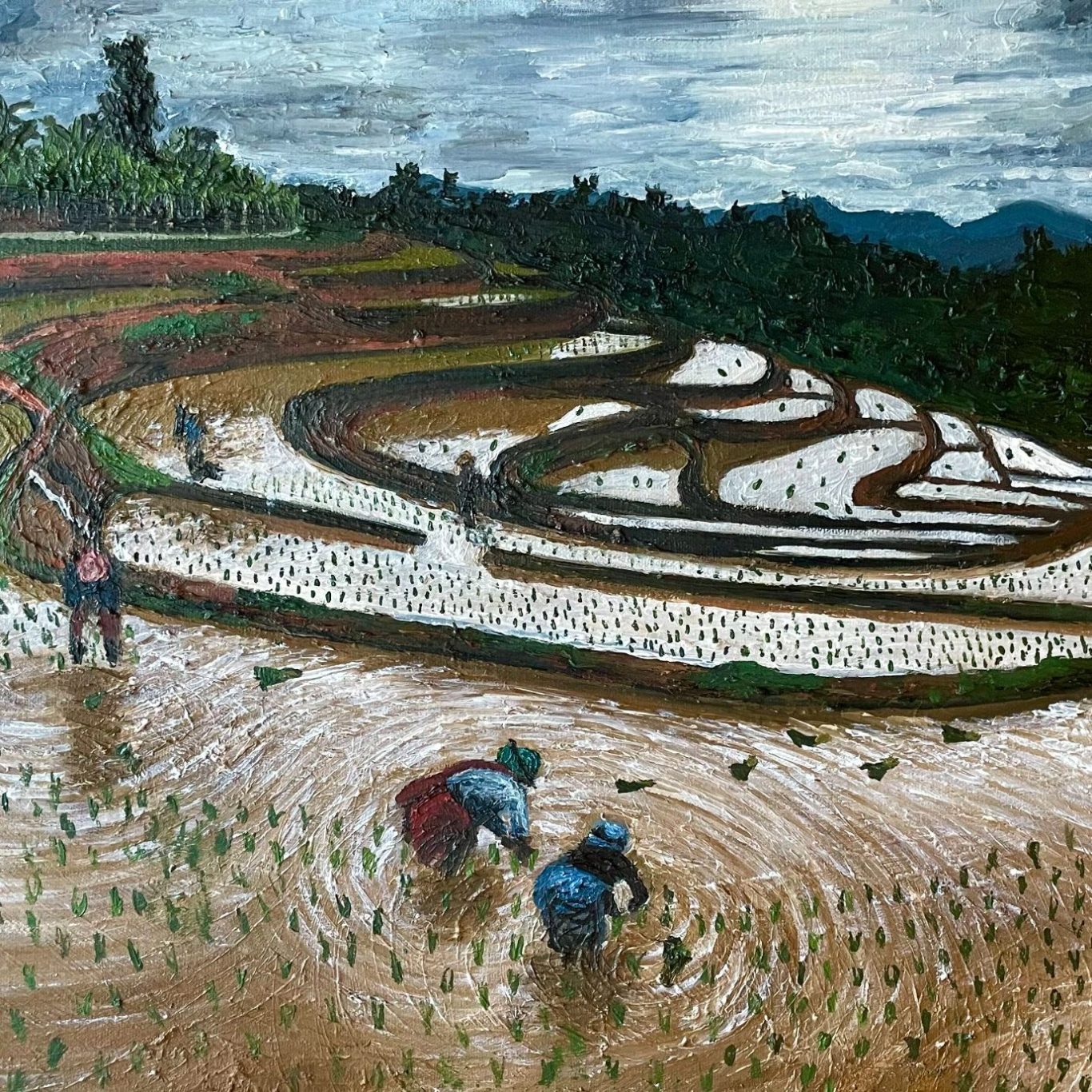Farmers planting rice in terraced fields under a cloudy sky.